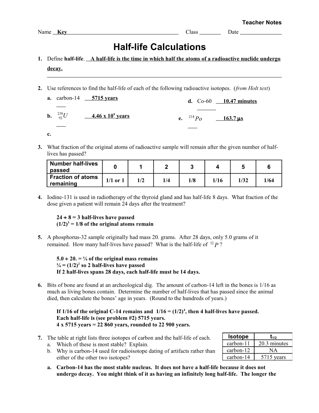 Name Key Class Date