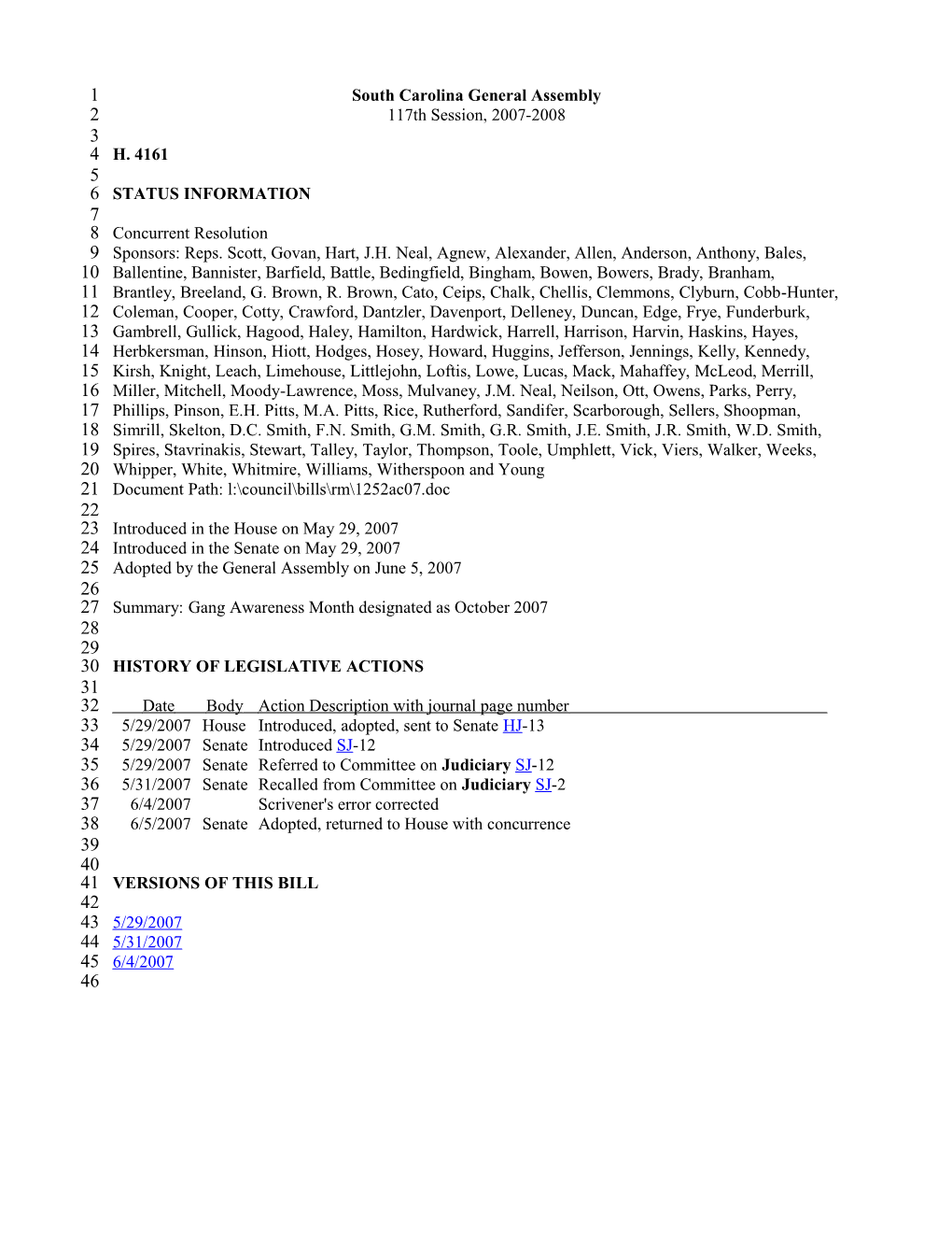 2007-2008 Bill 4161: Gang Awareness Month Designated As October 2007 - South Carolina