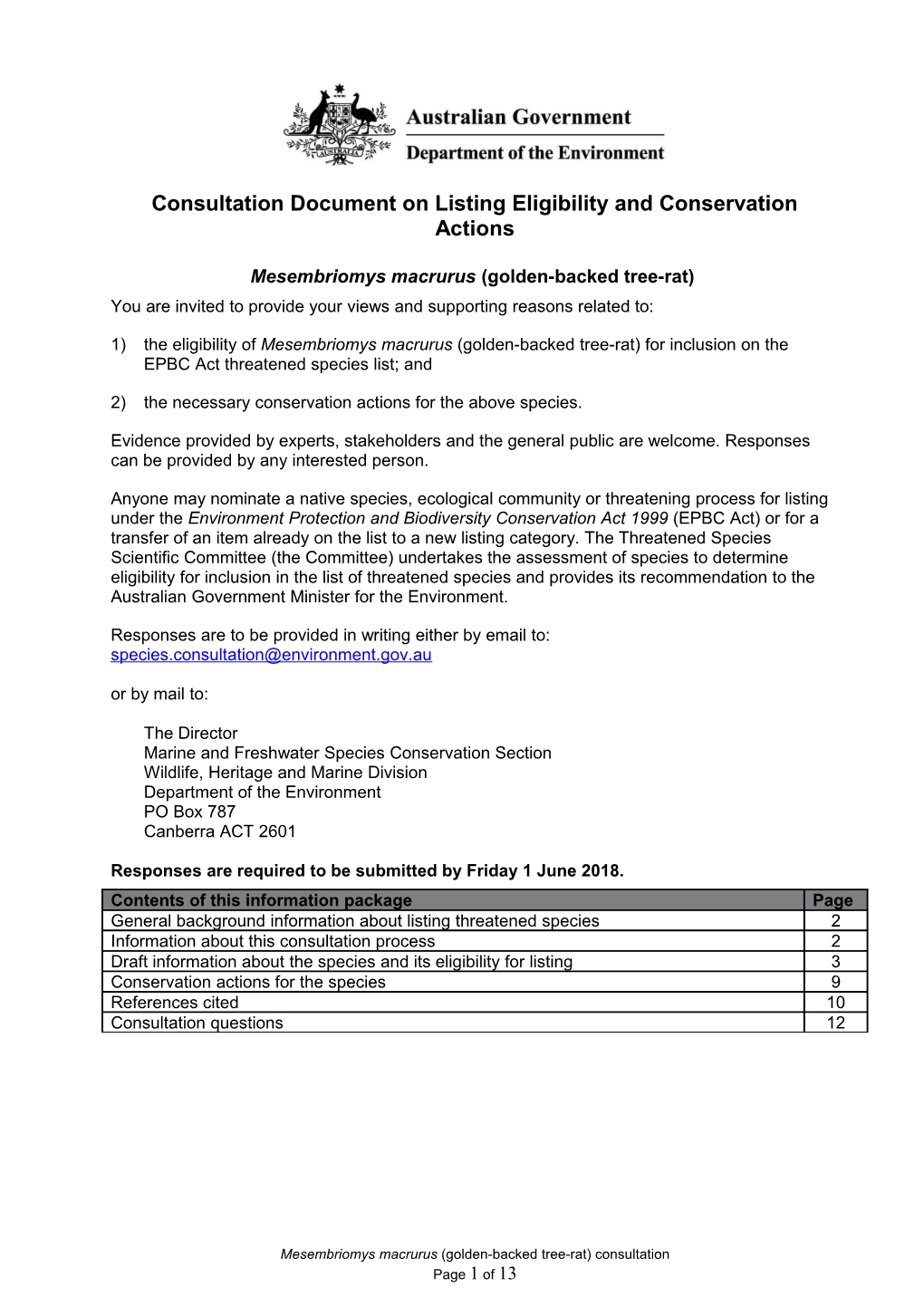 Consultation Document on Listing Eligibility and Conservation Actions: Mesembriomys Macrurus