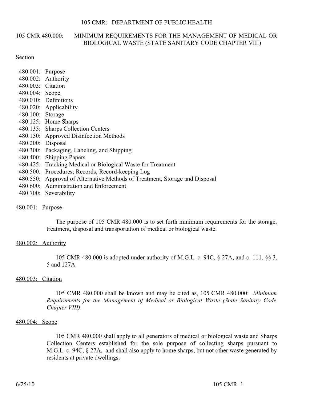 105 CMR 480.000: Minimum Requirements for the Management of Medical Or Biological Waste