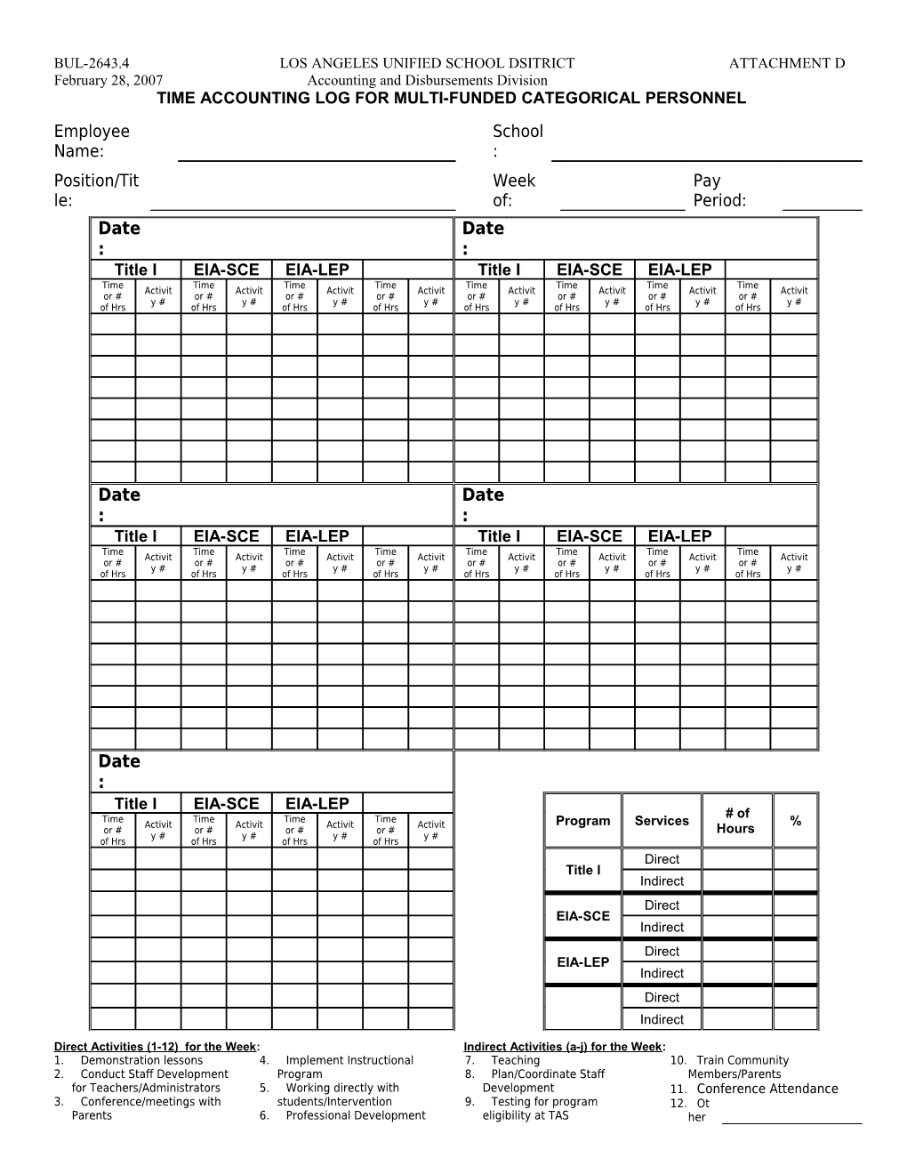 Time Accounting Log for Multi-Funded Personnel (Example)