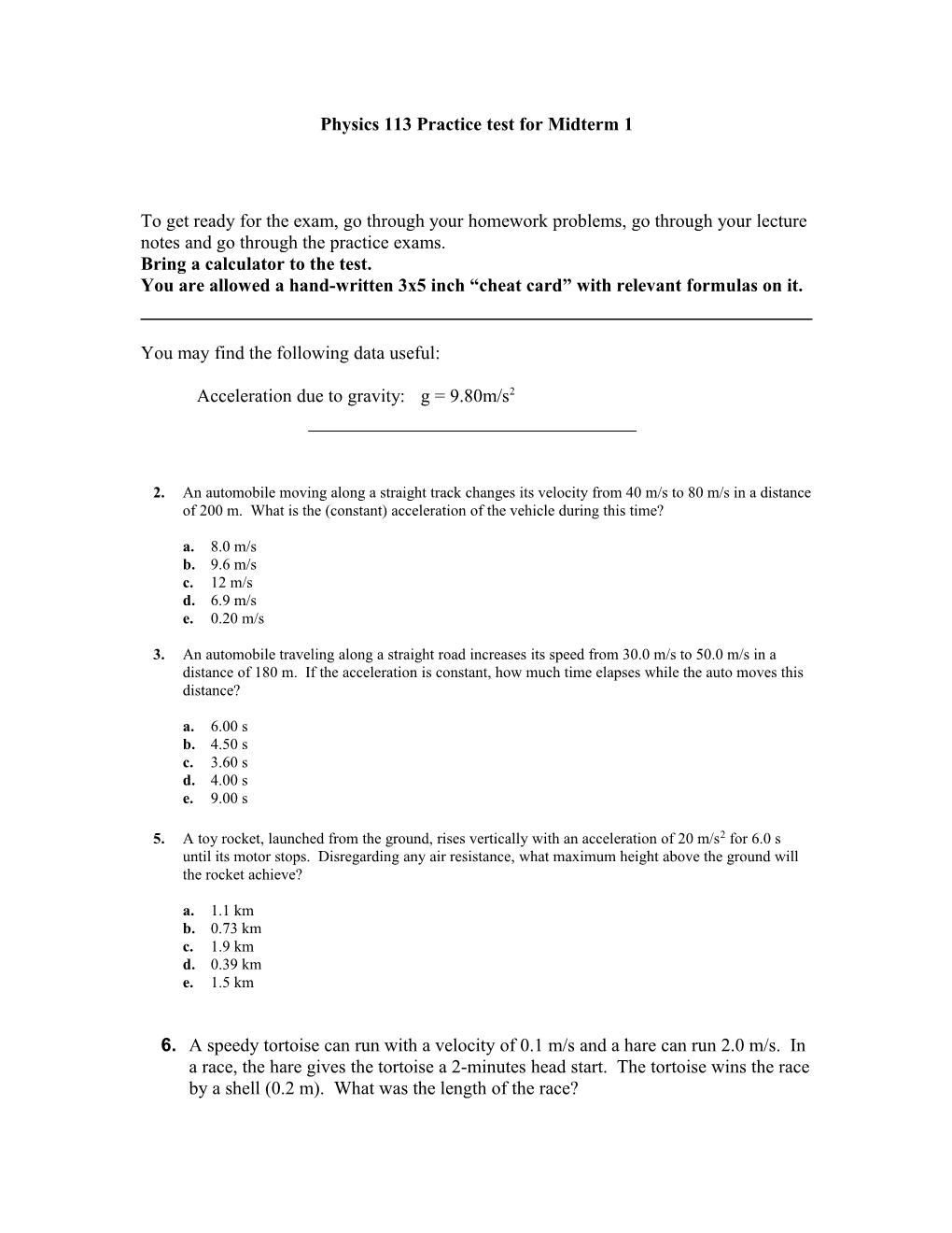 Physics 113 Practice Test for Midterm 1