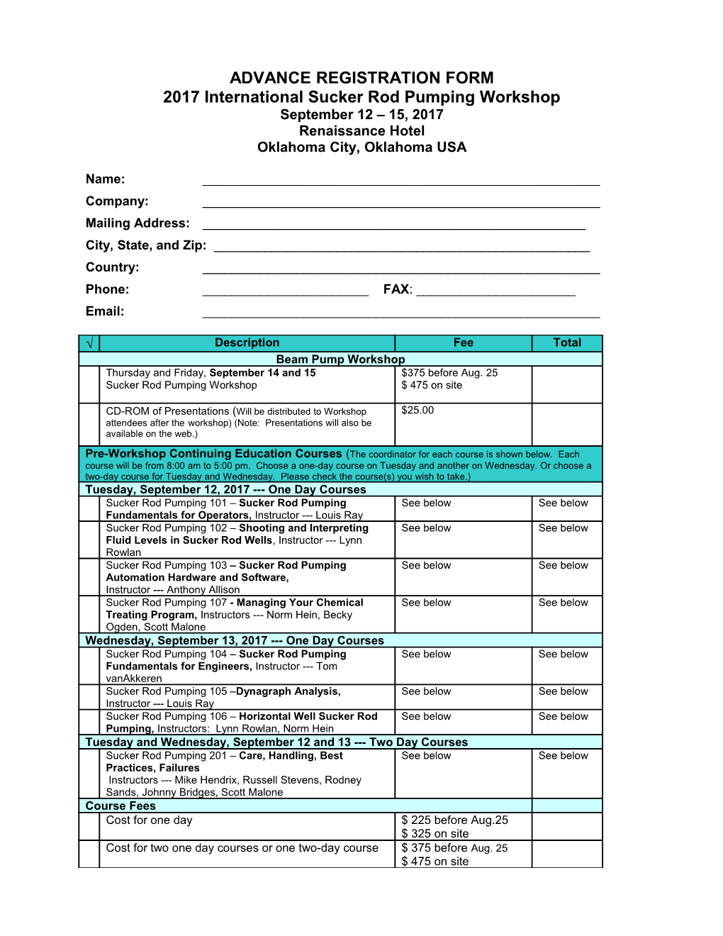 Beam Pumping Workshop Registration Form