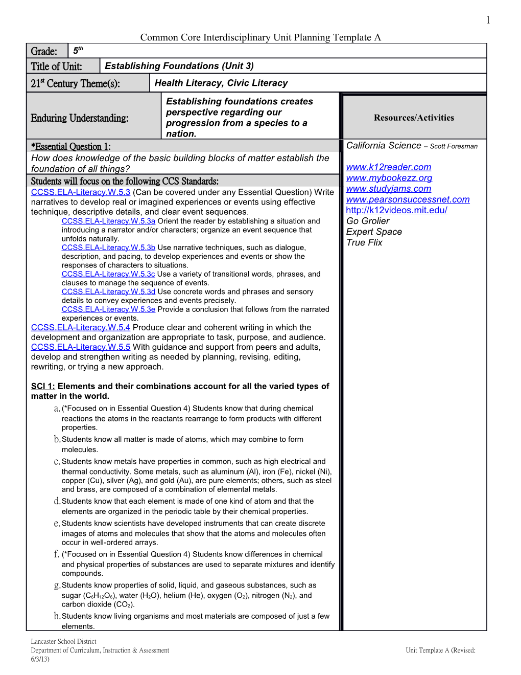 Common Core Interdisciplinary Unit Planning Template A