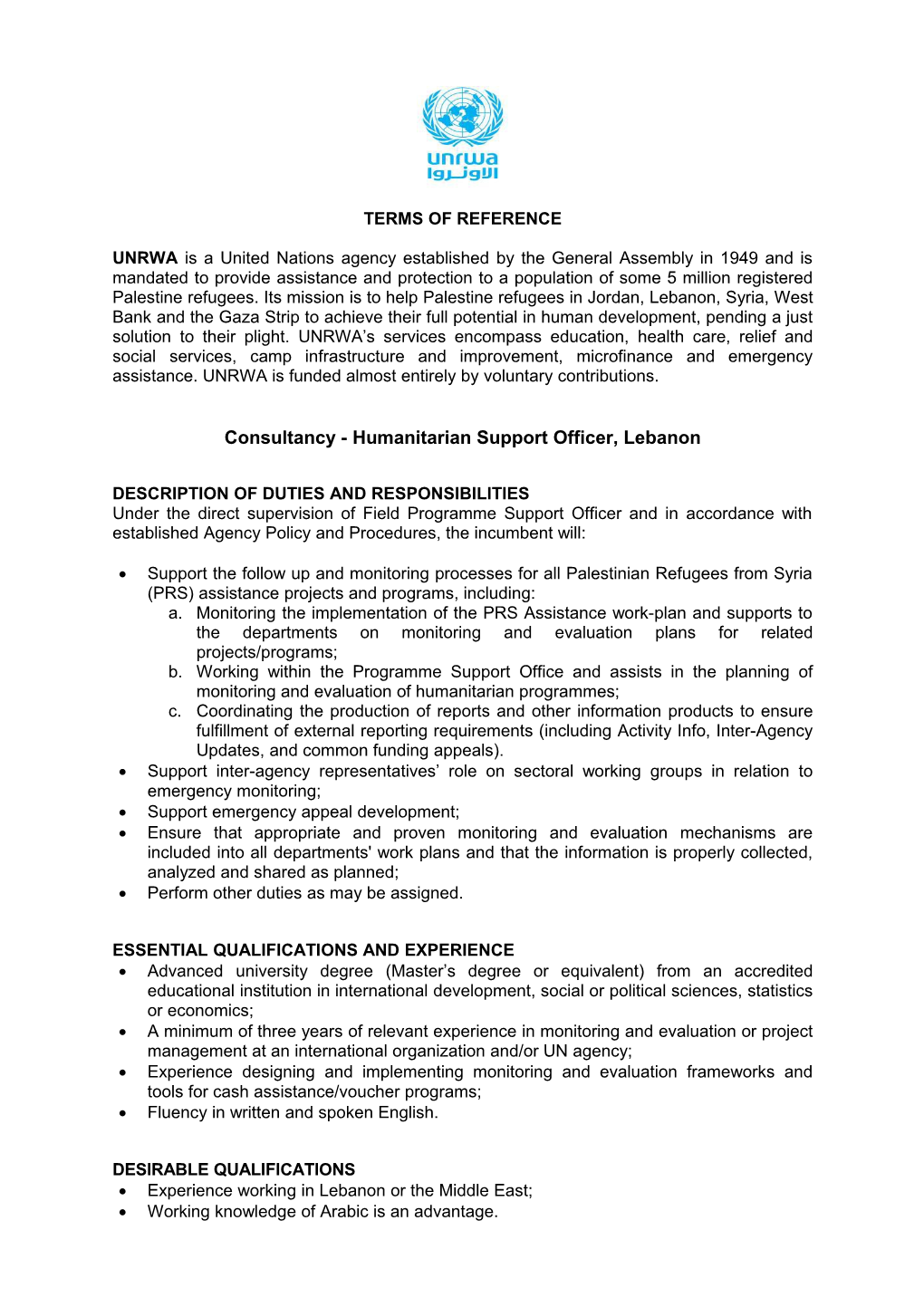 Consultancy - Humanitarian Support Officer, Lebanon