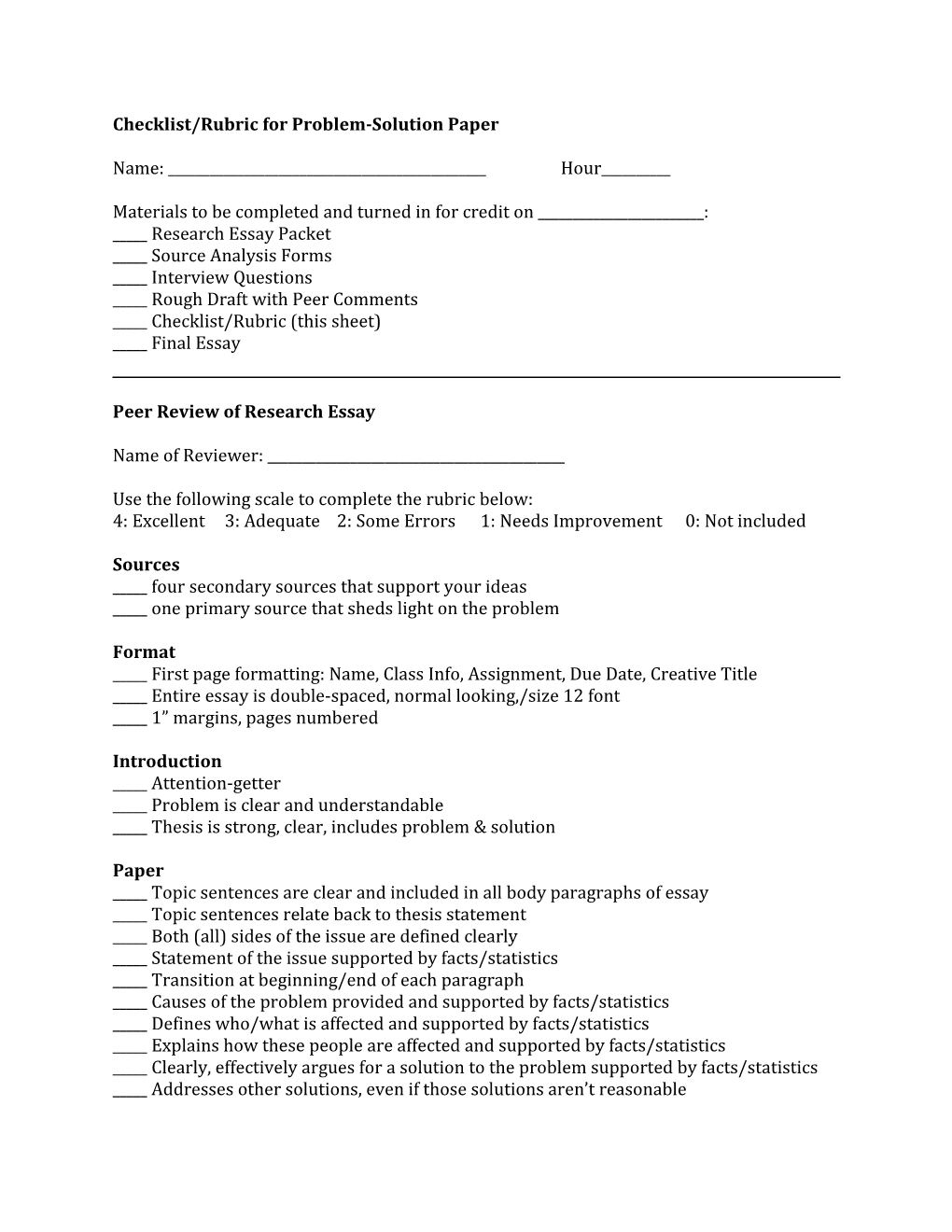 Checklist/Rubric for Problem-Solution Paper