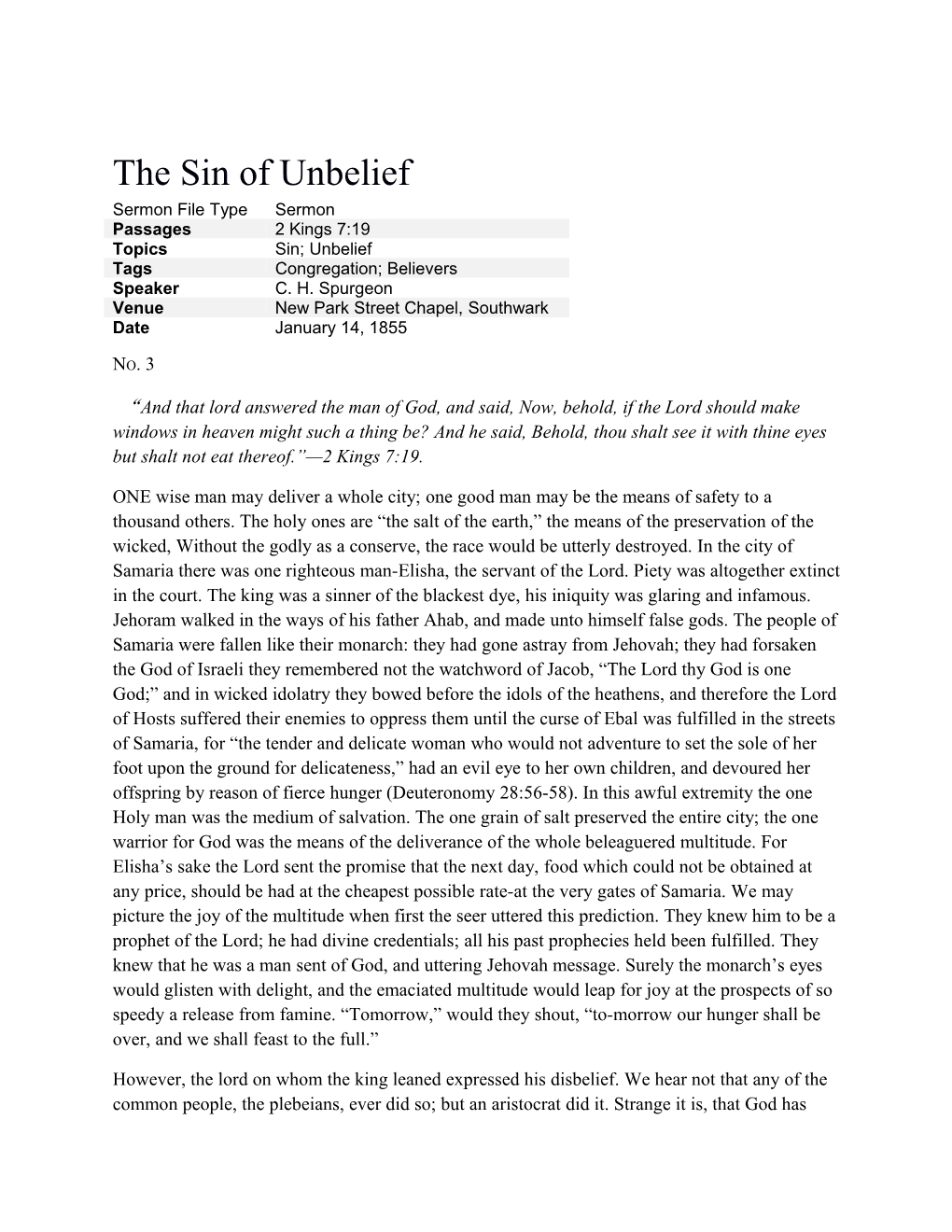 The Sin of Unbelief