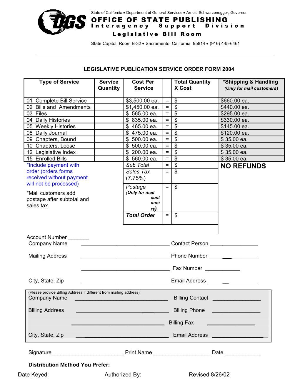 Legislative Publication Service Order Form 2004