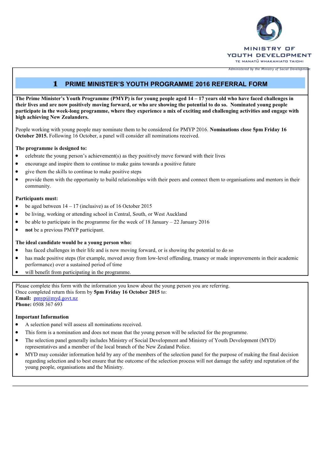 Prime Minister S Youth Programme 2016 Referral Form