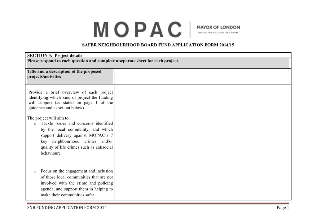 Safer Neighbourhood Board Fund Application Form 2014/15