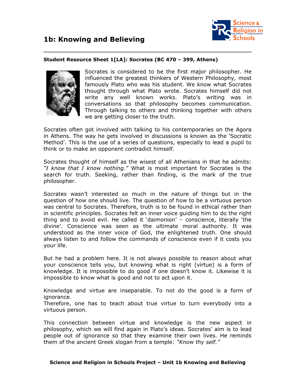 Student Resource Sheet 1 LA : Socrates (BC 470 399, Athens)