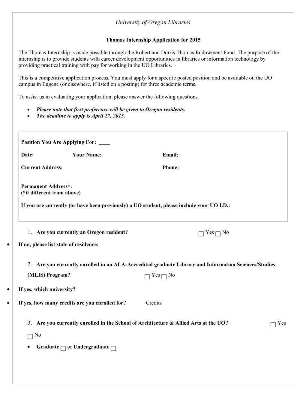 Thomas Internship Application for 2015