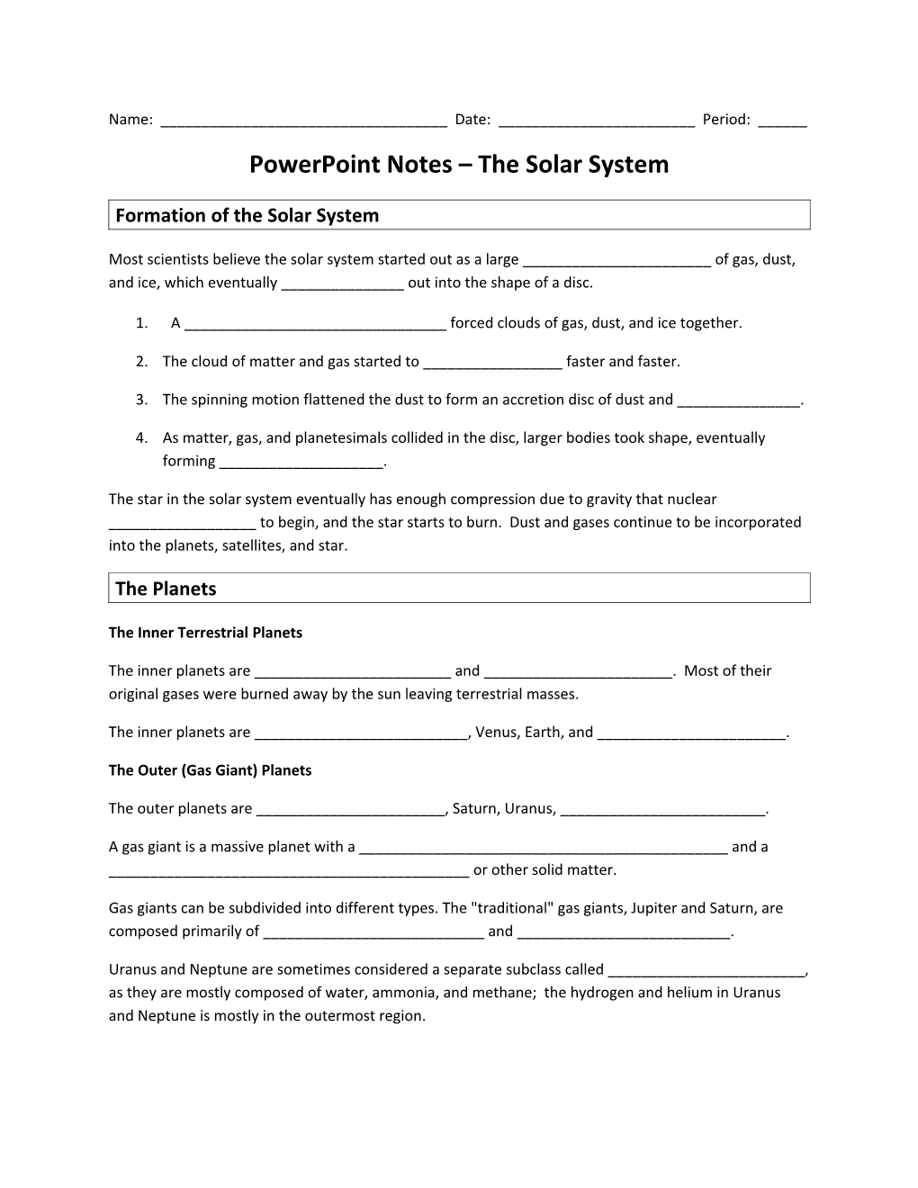 Powerpoint Notes the Solar System