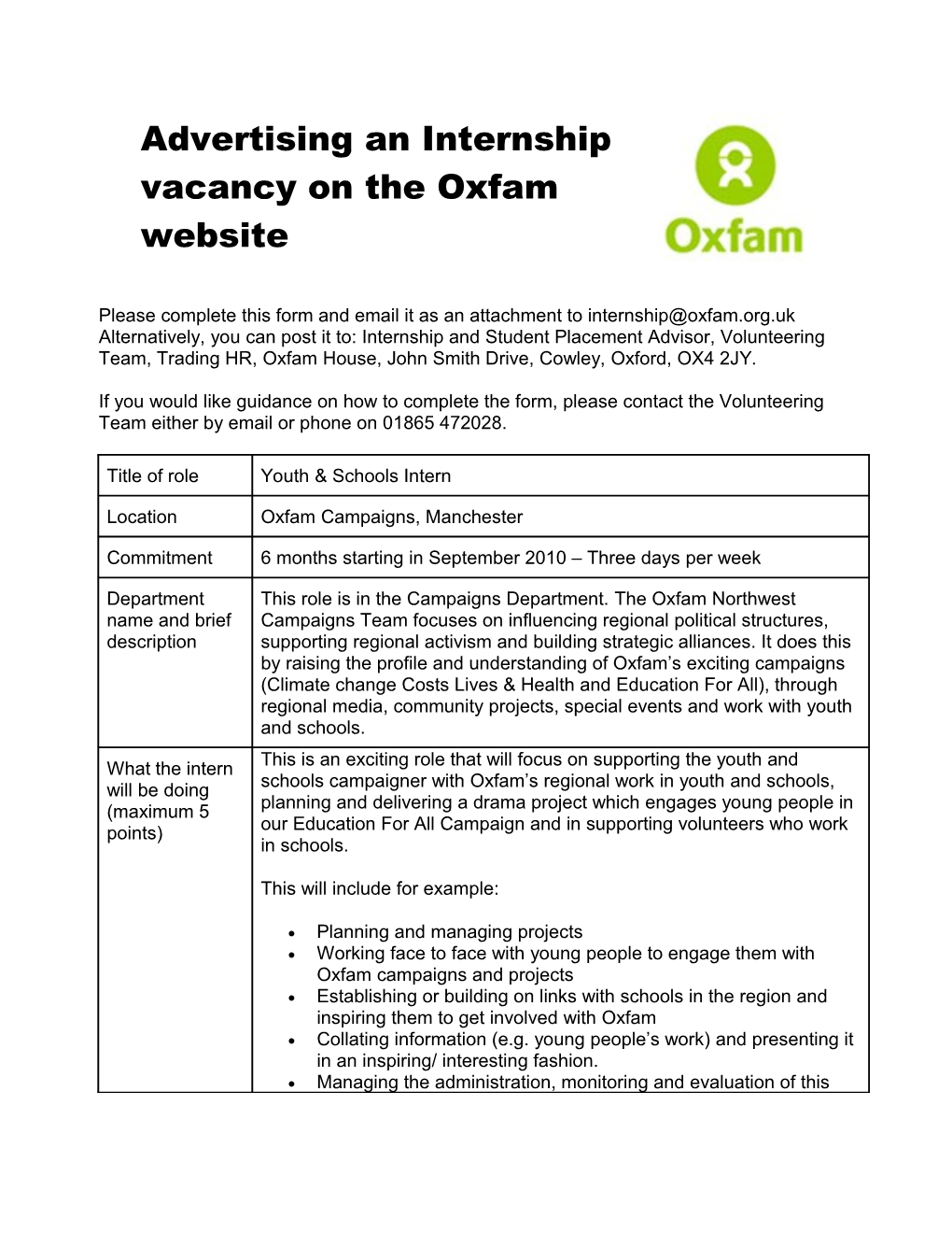 Advertising an Internship Vacancy on the Oxfam Website