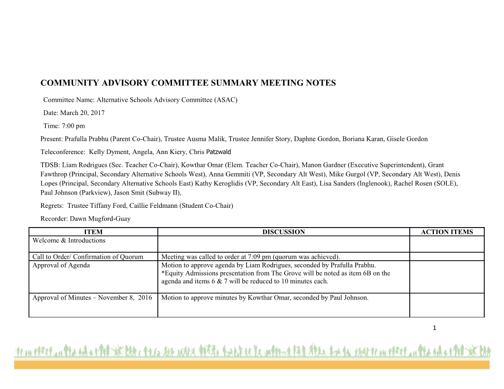 Community Advisory Committee Summary Meeting Notes