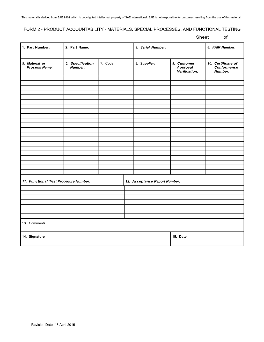 FORM 2 - Product Accountability - Materials, Special Processes, and Functional Testing