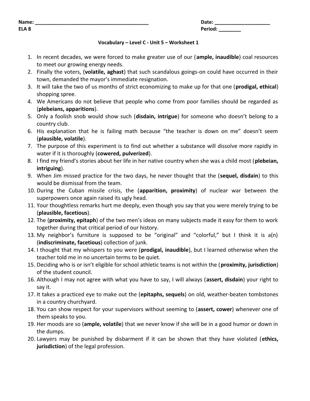 Vocabulary Level C - Unit 5 Worksheet 1