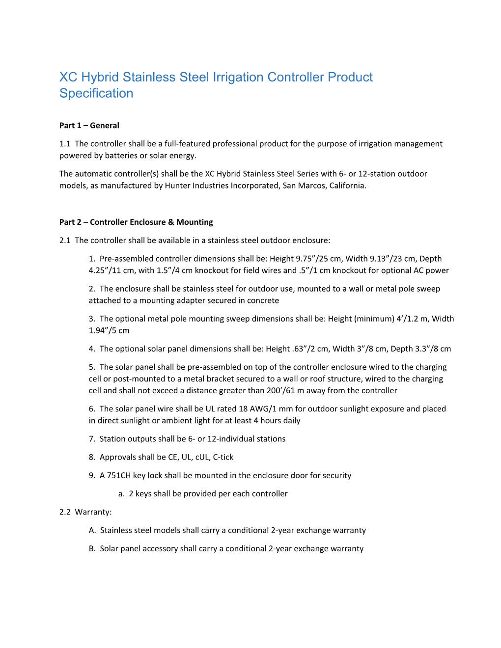 XC Hybrid Stainless Steel Irrigation Controller Product Specification