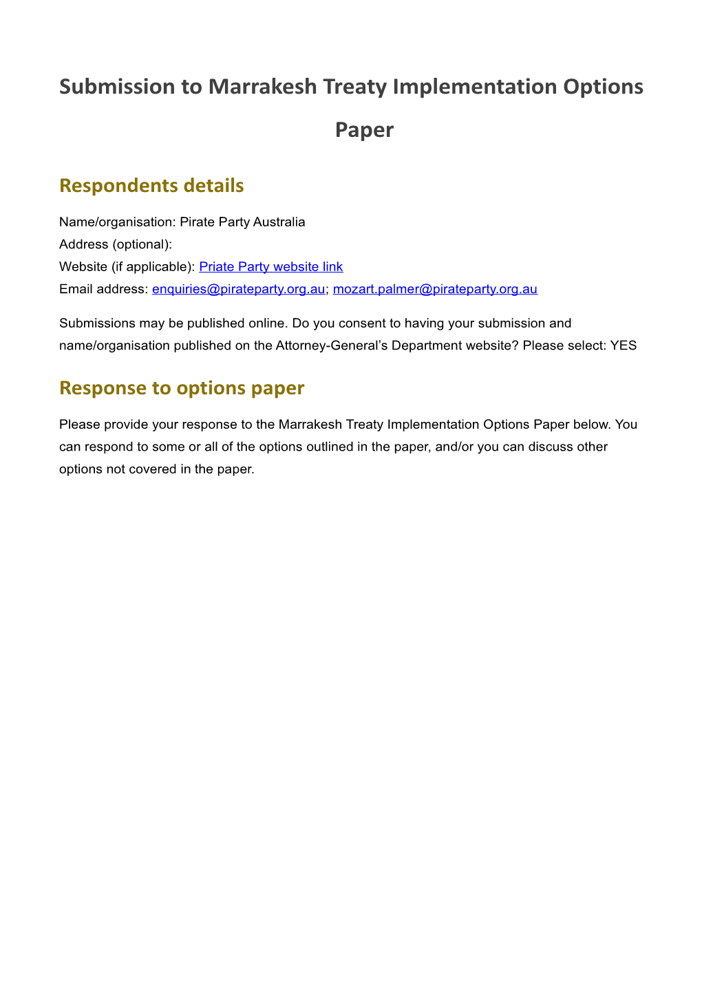 Pirate Party - Submission to Marrakesh Treaty Implementation Options Paper