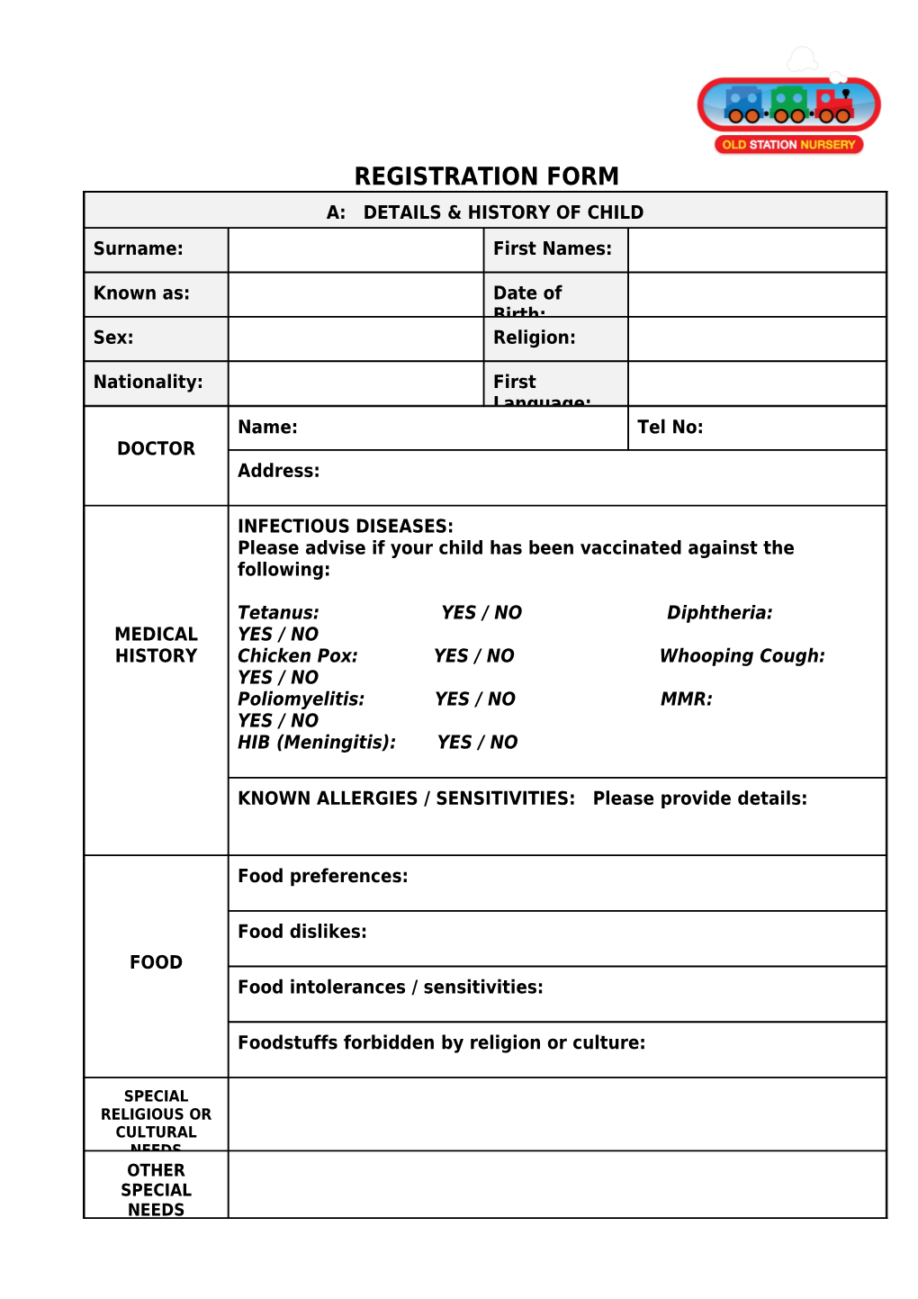 Pitta Patt Day Nursery Registration Form