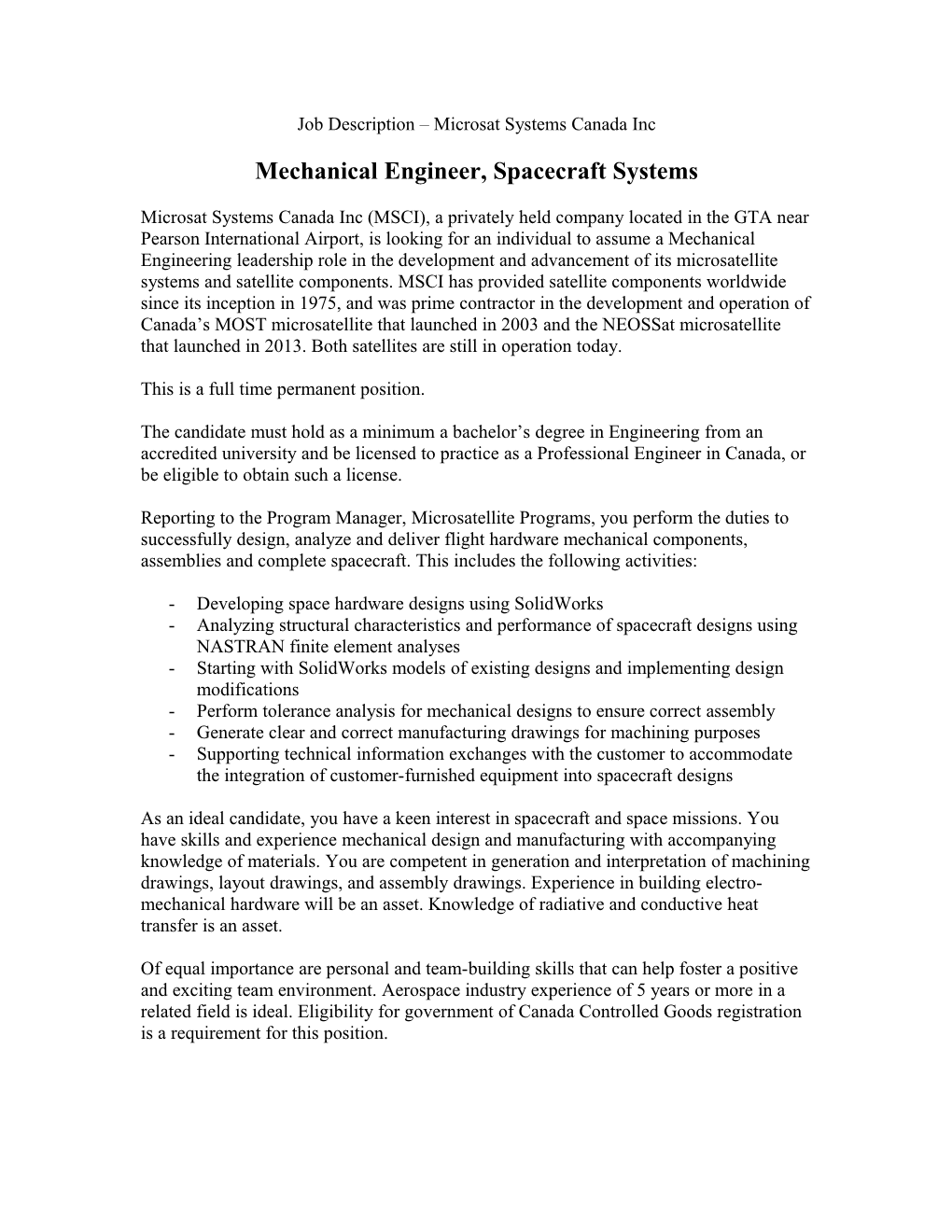 Job Description Microsat Systems Canada Inc