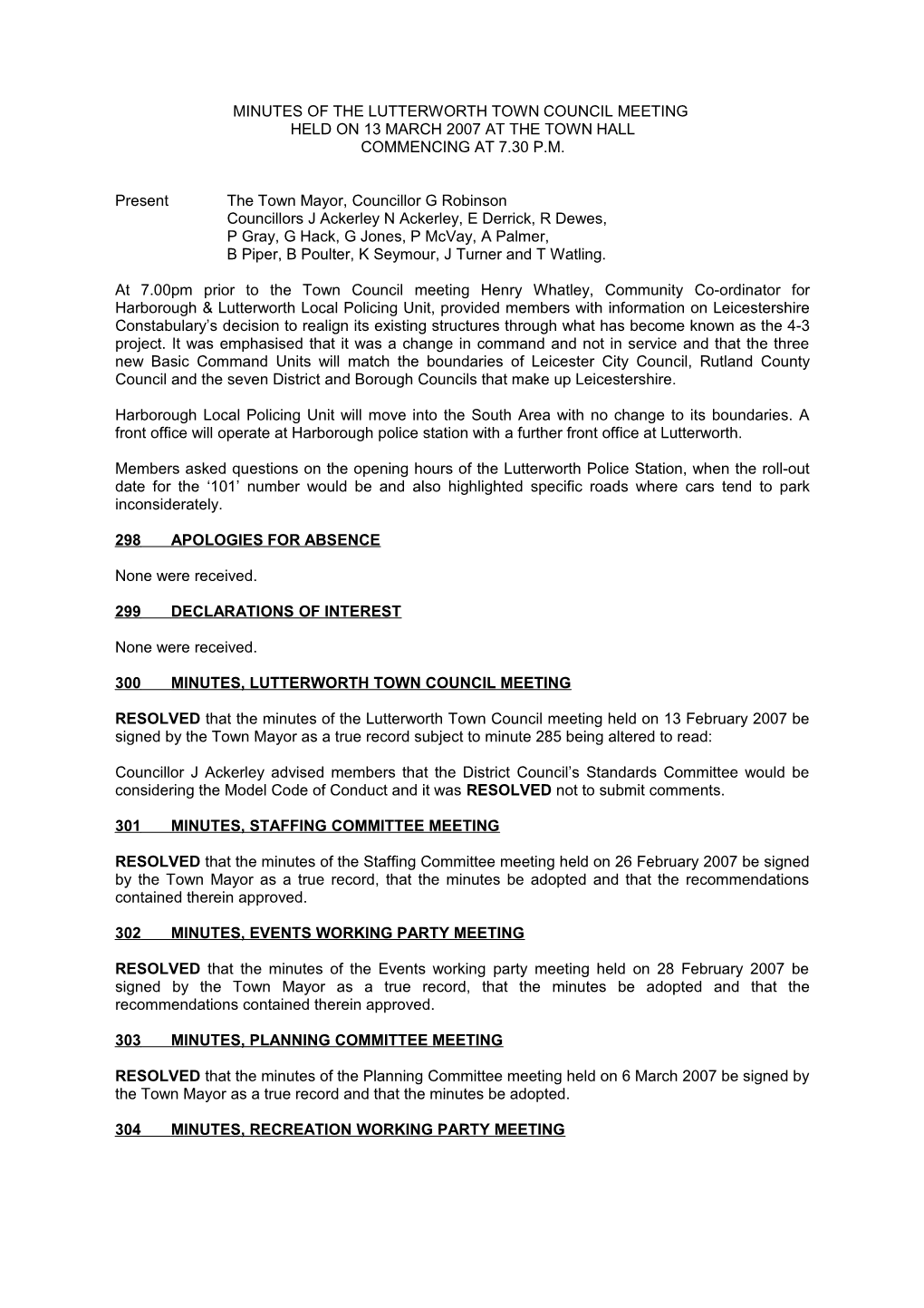 Minutes of the Lutterworth Town Council Meeting