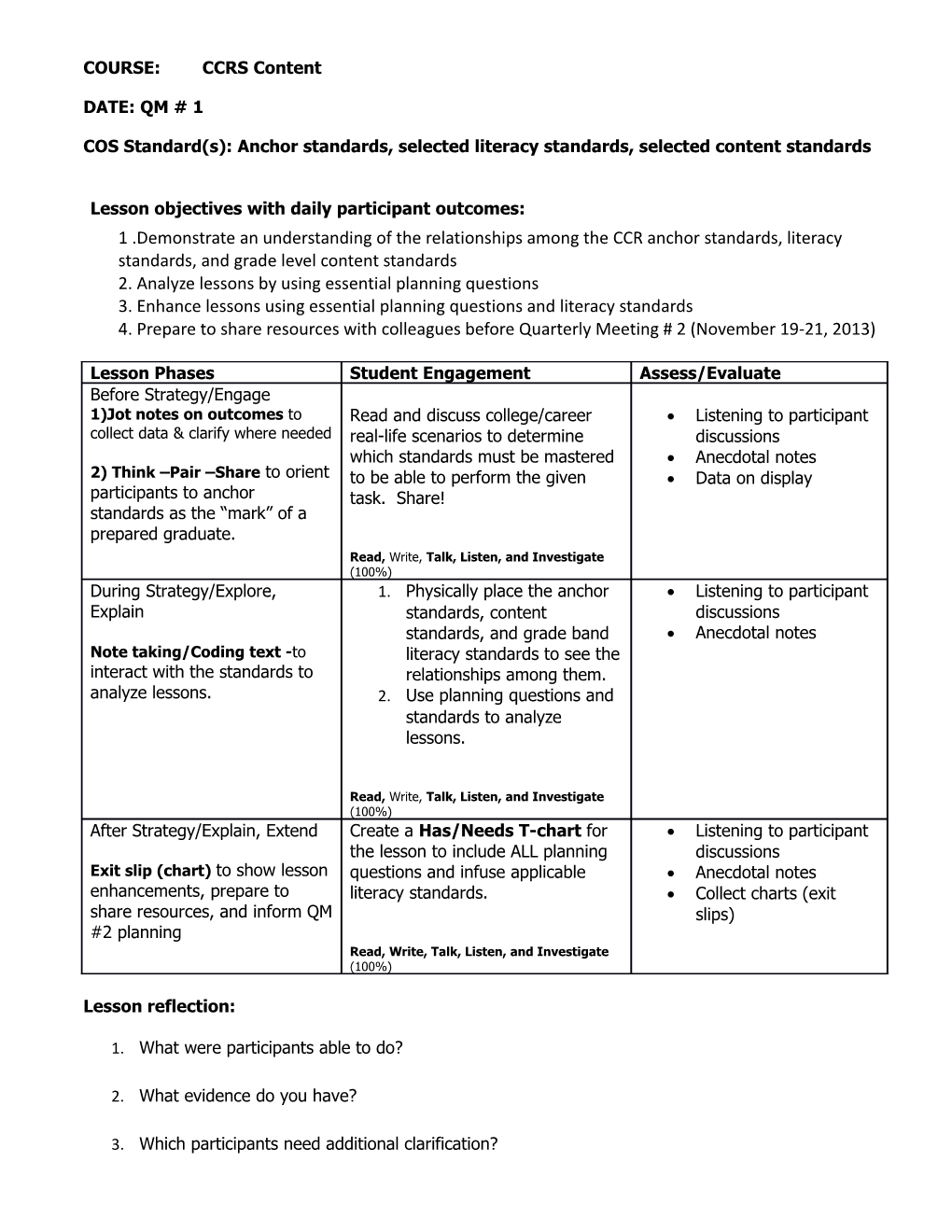 COS Standard(S): Anchor Standards, Selected Literacy Standards, Selected Content Standards