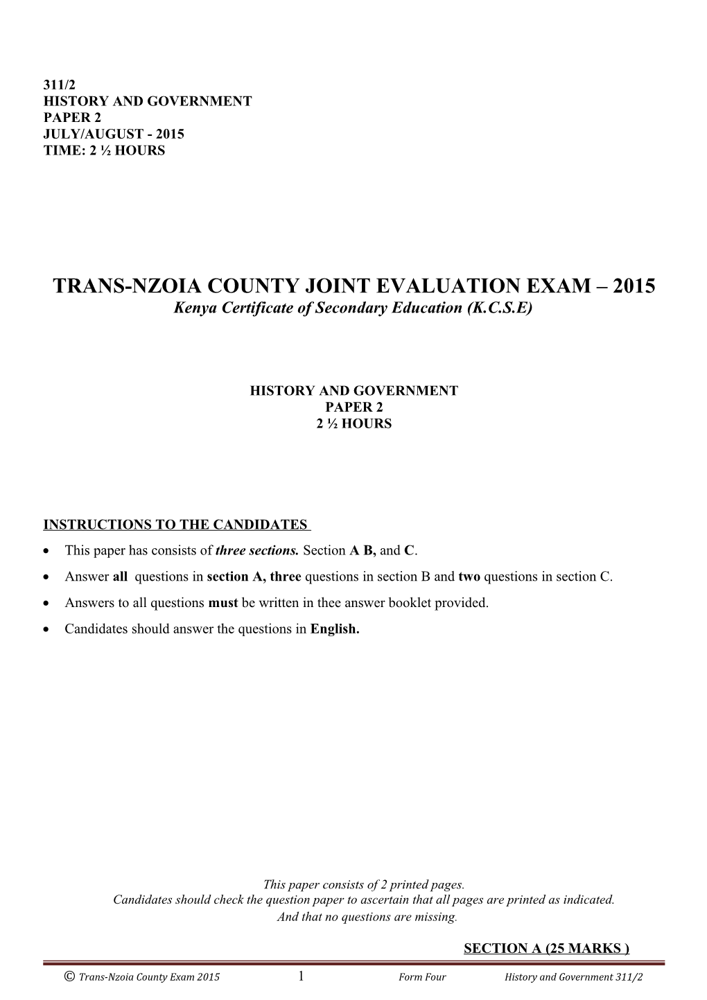 Trans-Nzoia County Joint Evaluation Exam 2015 s1