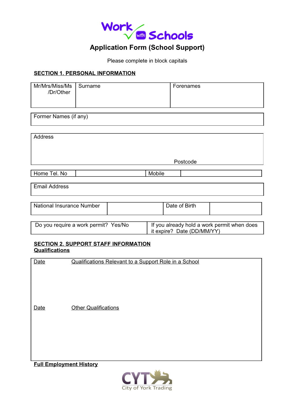 Application Form for City of York Supply Agency