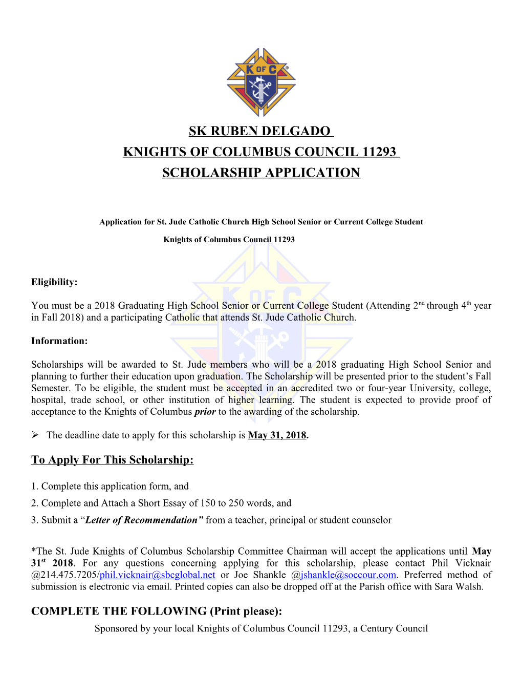 Greeley Knights of Columbus Scholarship Application