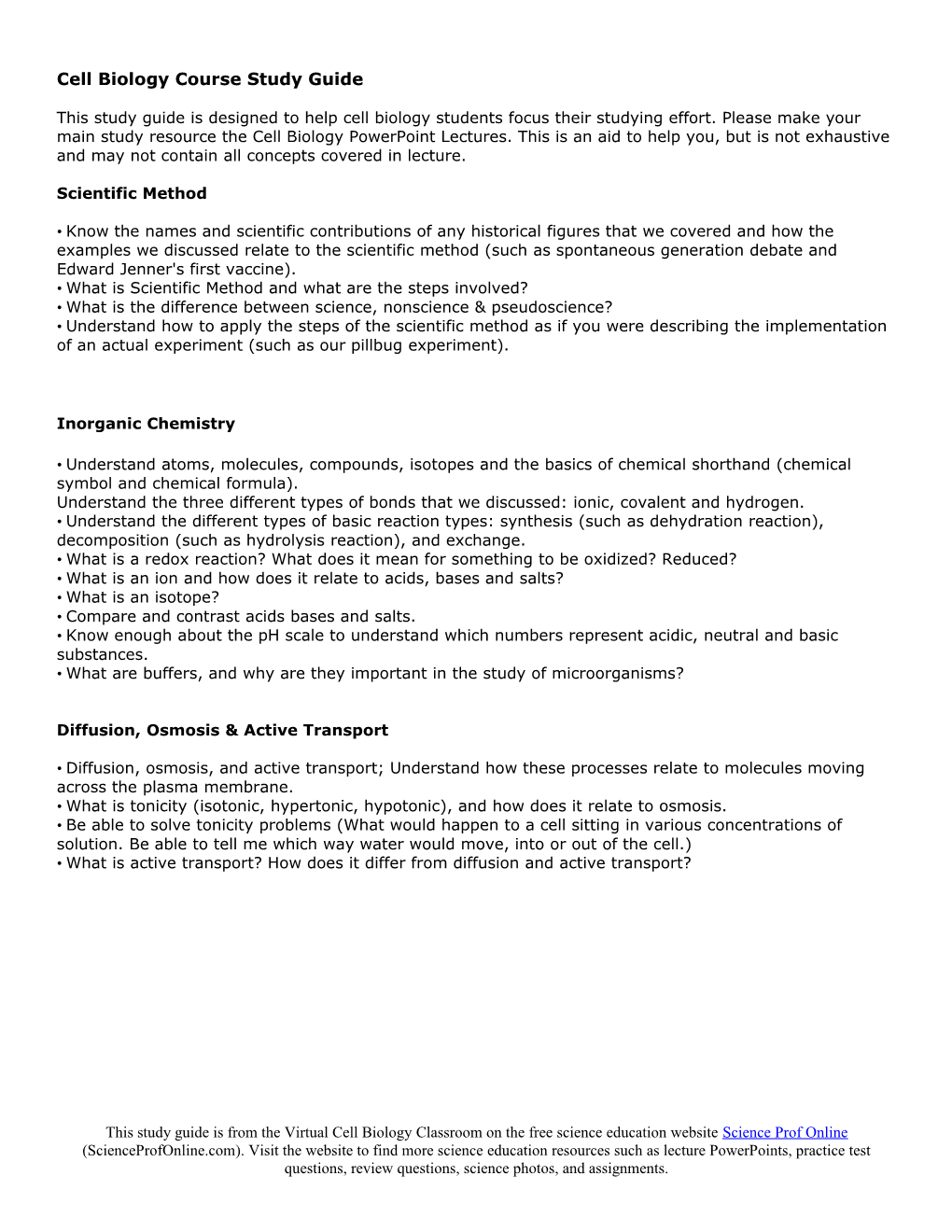 Cell Biology Course Study Guide