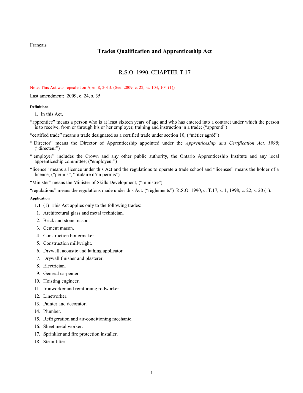 Trades Qualification and Apprenticeship Act, R.S.O. 1990, C. T.17