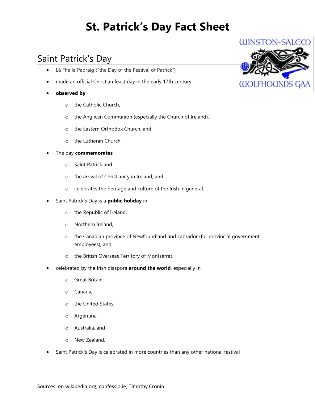 St. Patrick S Day Fact Sheet