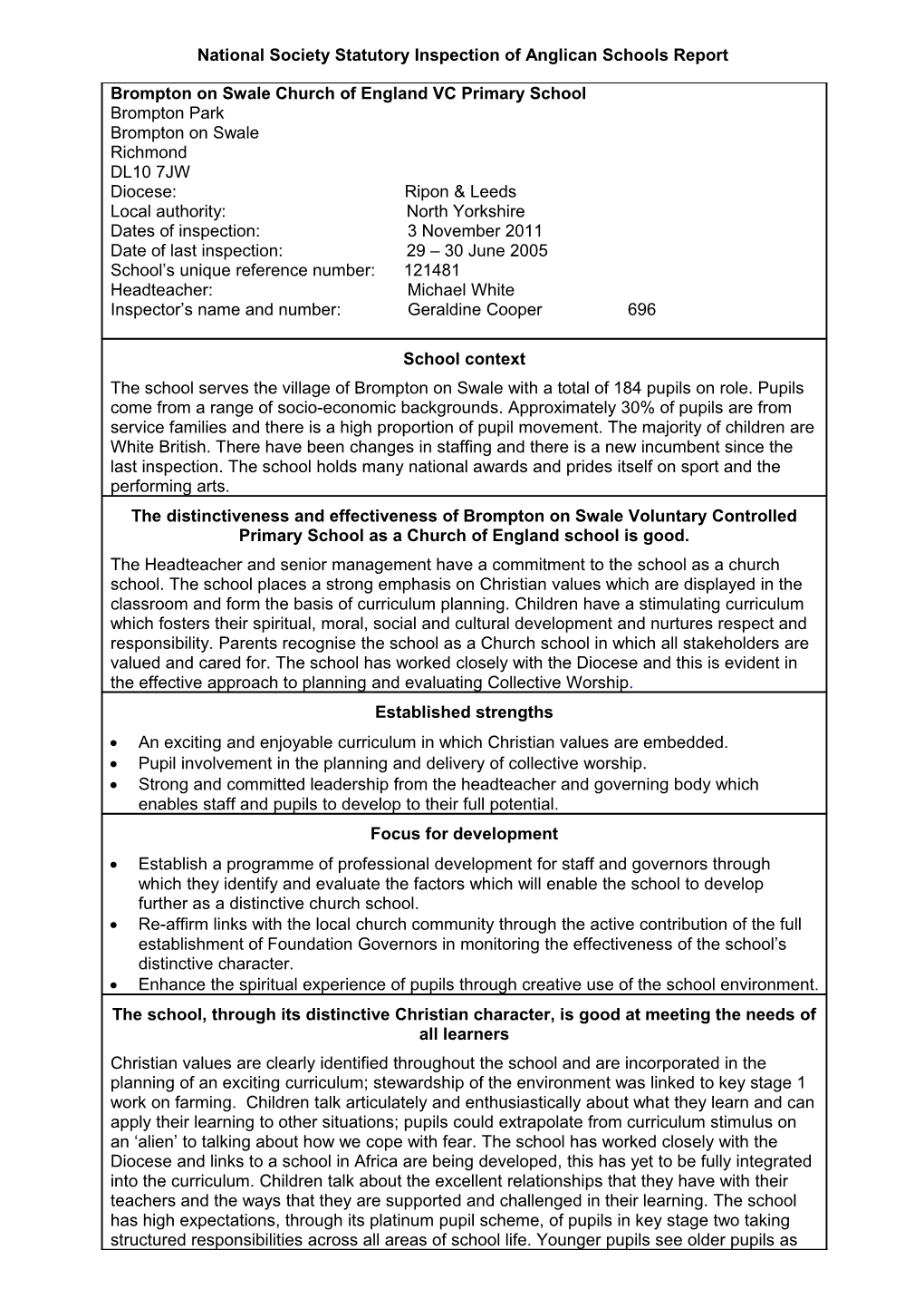 National Society Statutory Inspection of Anglican Schools Report s5