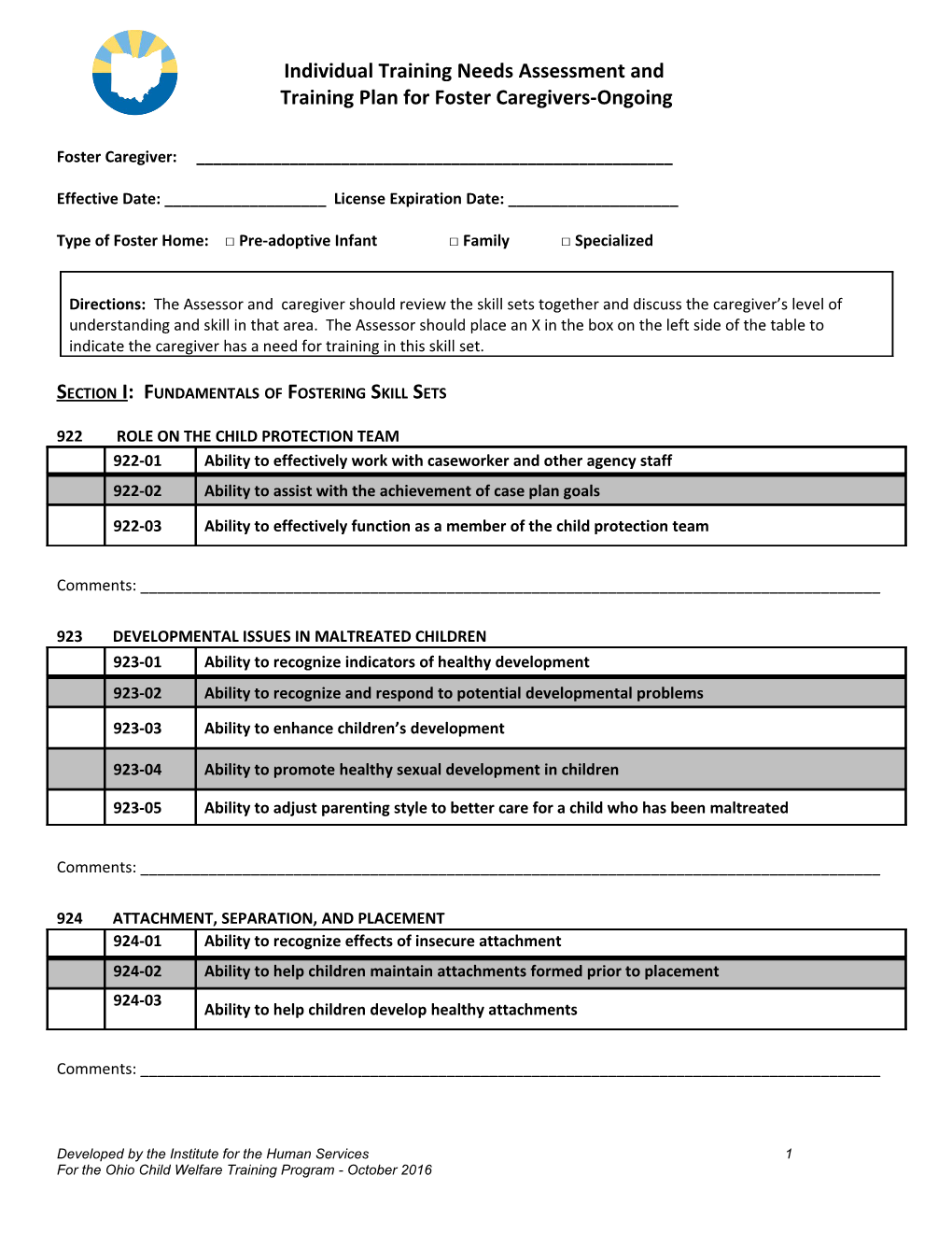 Individual Training Needs/Assessment/Training Plan for Foster Parents