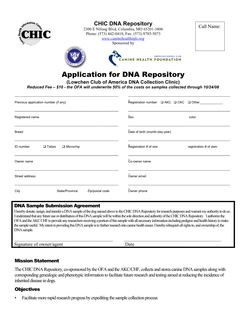 CHIC DNA Bank Submission Form