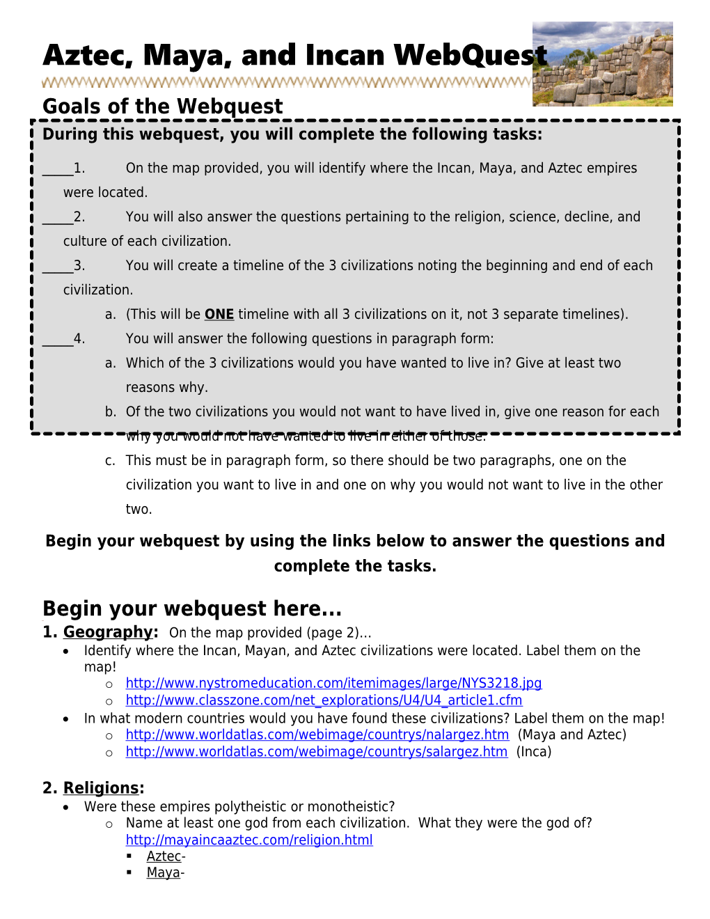 Aztec, Mayan, and Incan Webquest