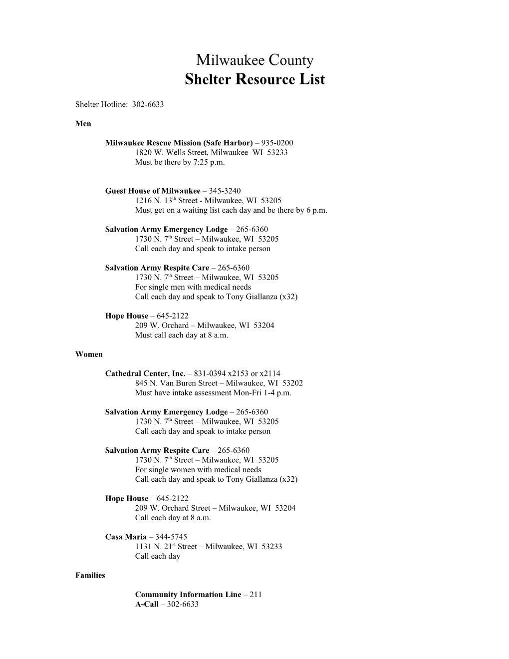 Shelter Resource List