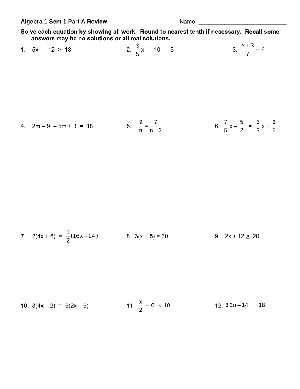 Chapter 2 Algebra 1 Written Final