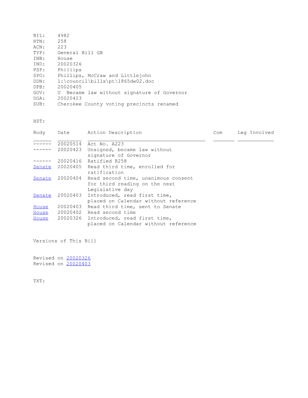 2001-2002 Bill 4982: Cherokee County Voting Precincts Renamed - South Carolina Legislature