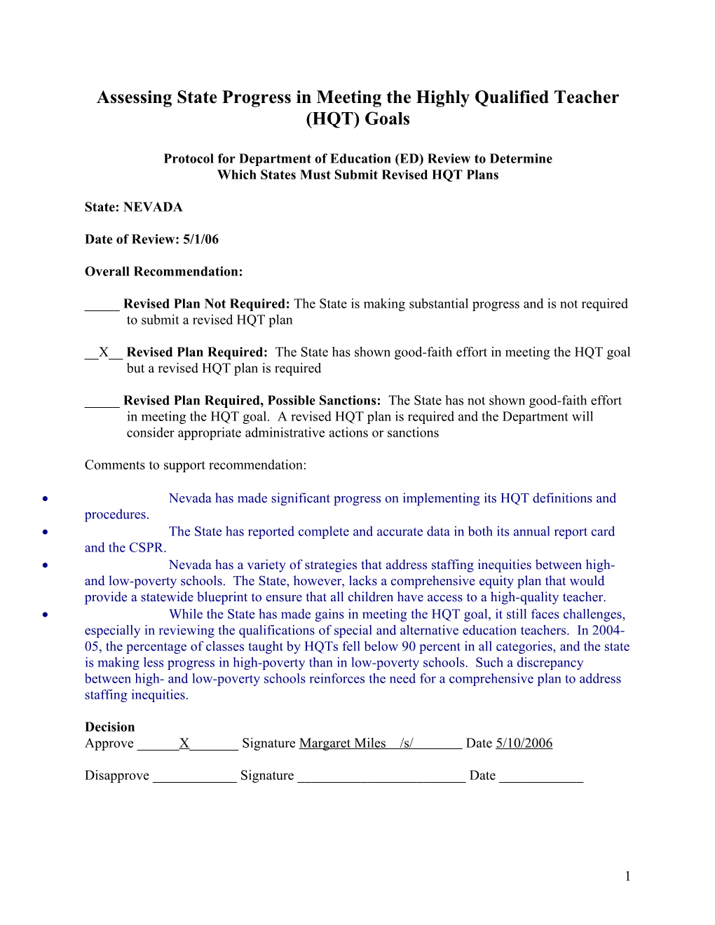 Assessing State Progress in Meeting the Highly Qualified Teacher (HQT) Goals - Nevada (MS Word)