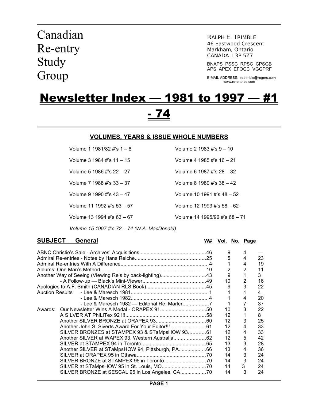 CRSG Newsletter Index W# Vol. No. Page