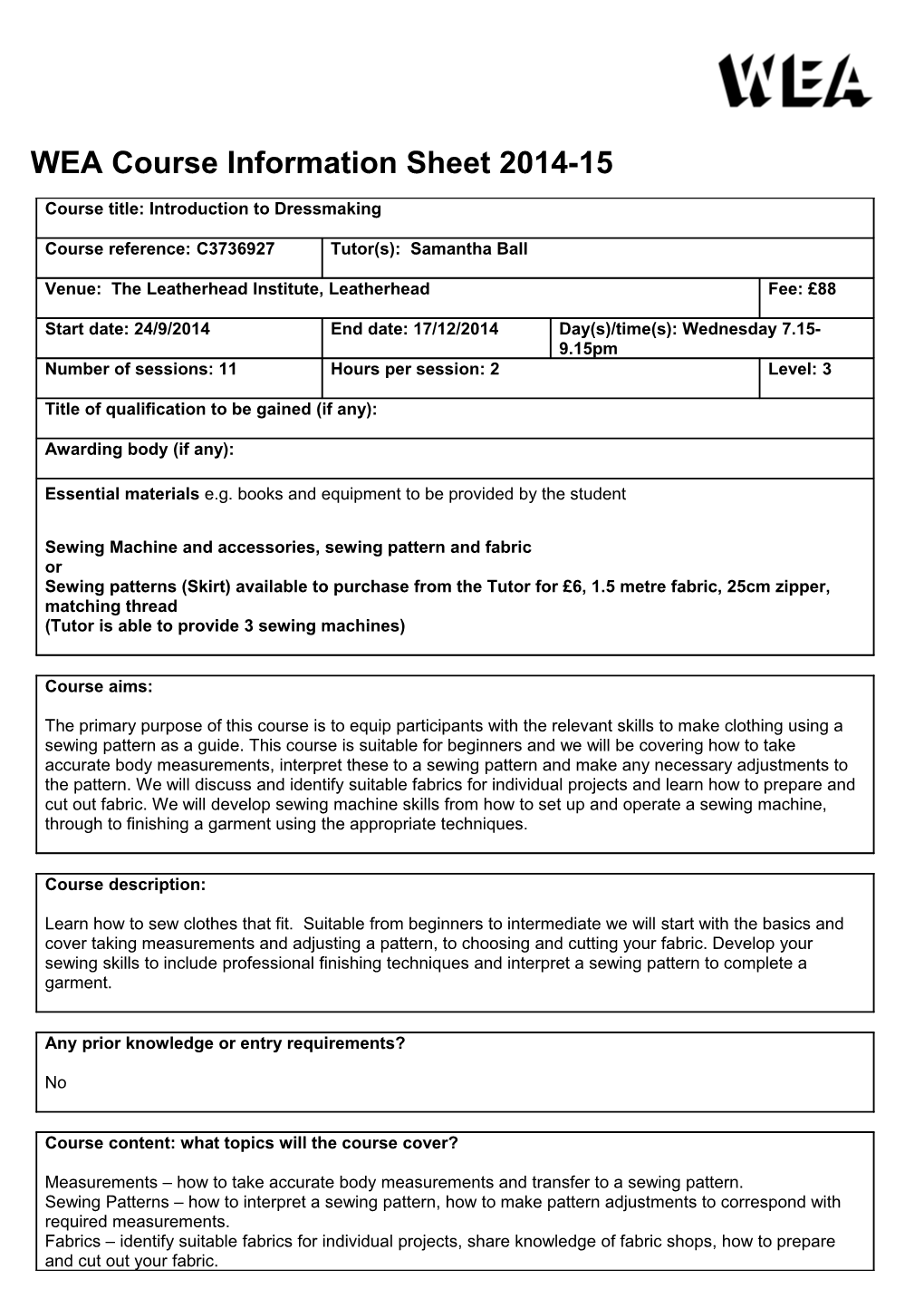 WEA Course Information Sheet 2014-15 s1