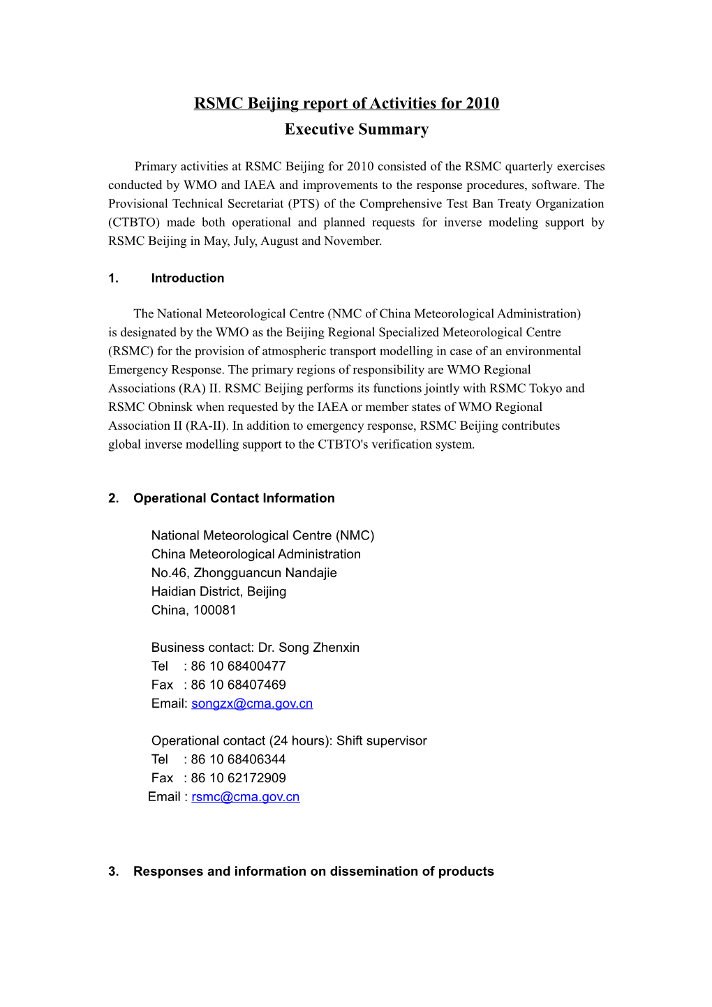 RSMC Beijing Report of Activities for 2010