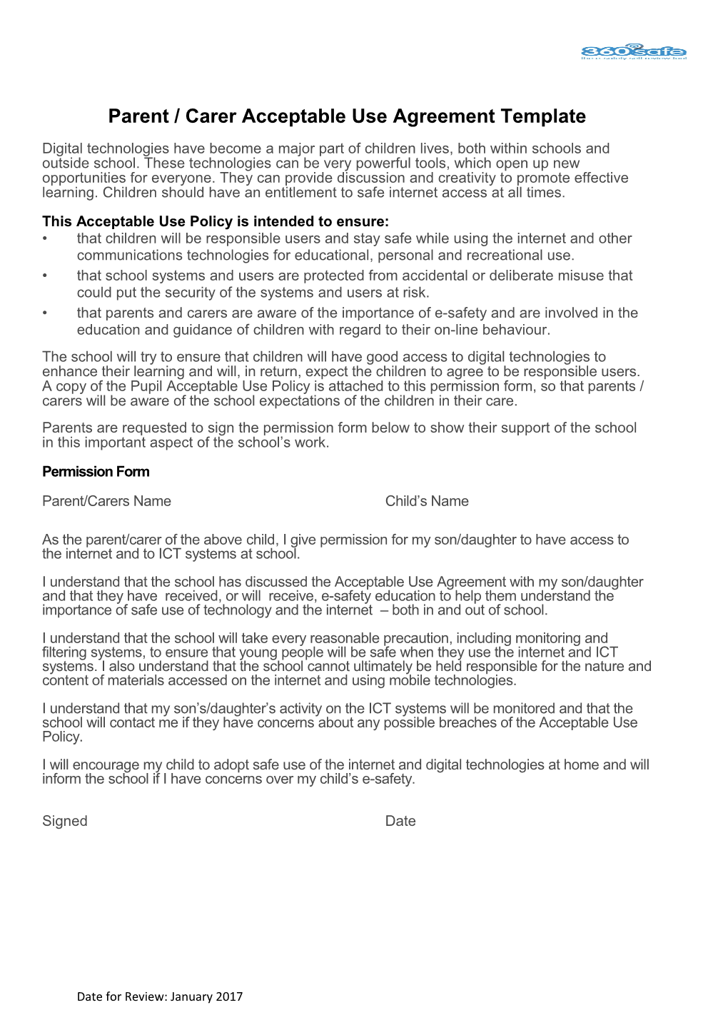 Parent / Carer Acceptable Use Agreement Template