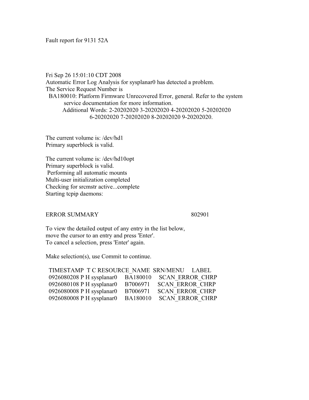 Fault Report for 9131 52A