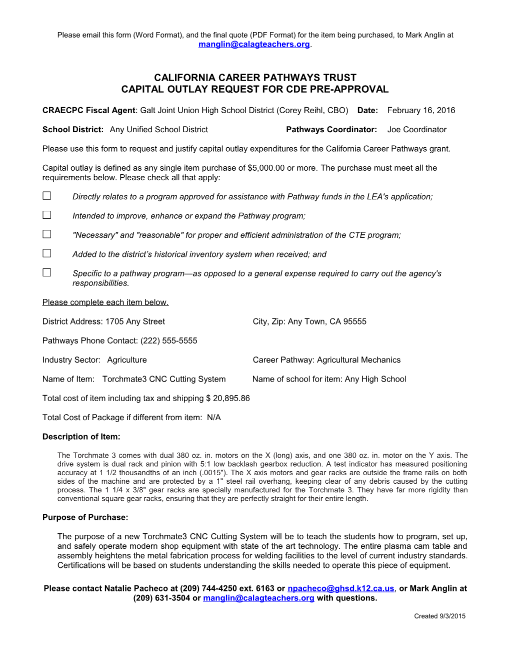 Capital Outlay Form - Perkins (CA Dept of Education)