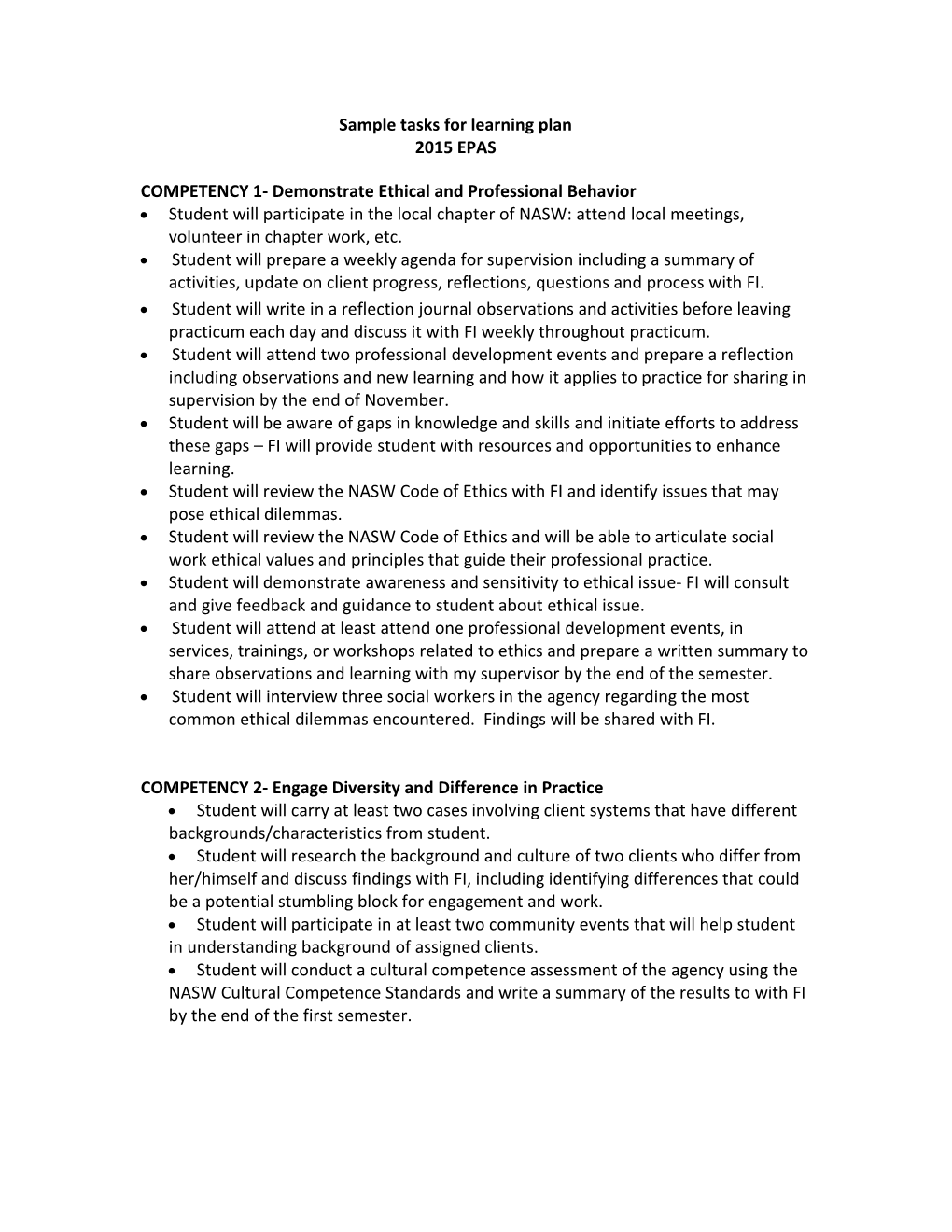 Sample Tasks for Learning Plan