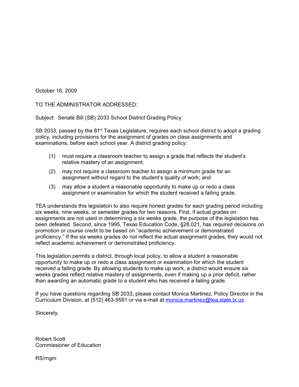 Subject: Senate Bill (SB) 2033 School District Grading Policy