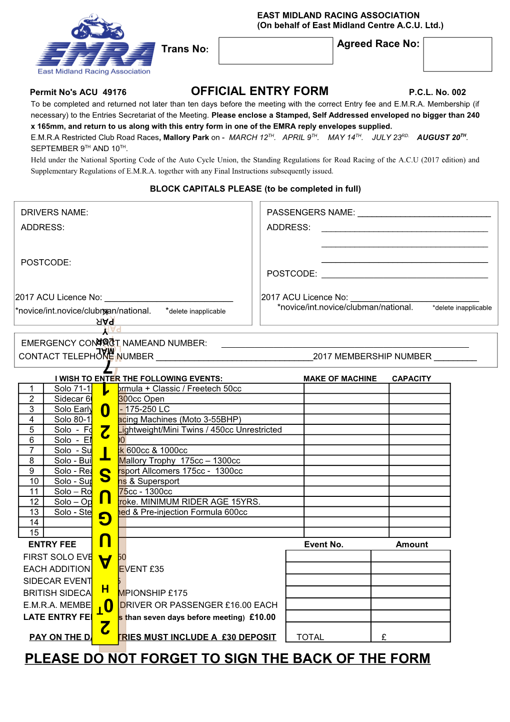 Permit No's ACU 49176 OFFICIAL ENTRY FORM P.C.L. No. 002